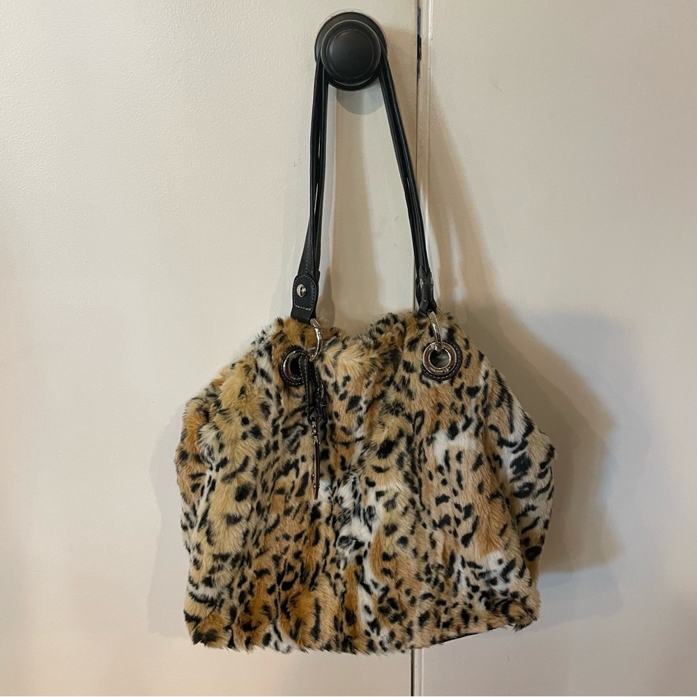 B.Makowsky Faux Leopard Fur Tote Bag